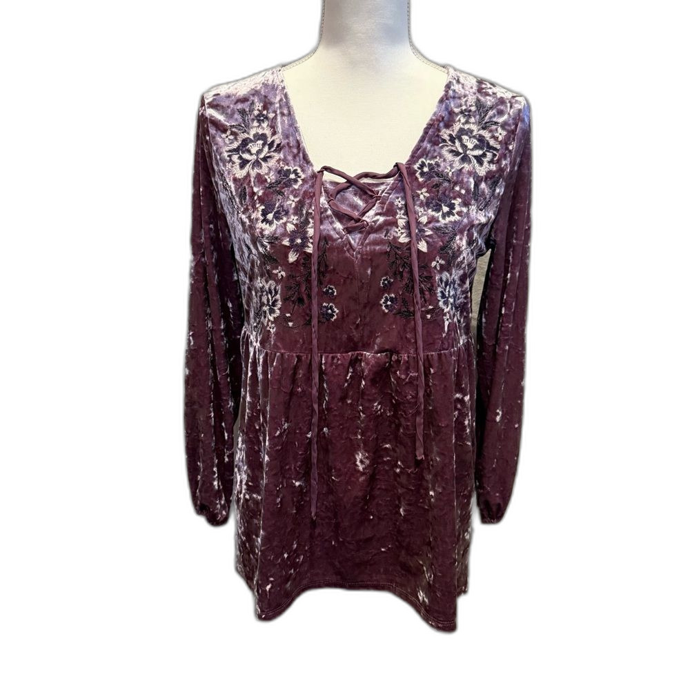 Style & Co Peasant Top Boho Floral Embroidered Petite Medium Crushed Velour